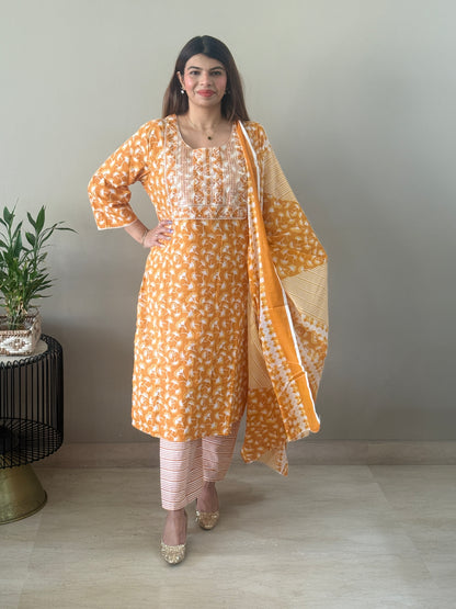 Sunset Orange Embroidered Cotton Suit Set