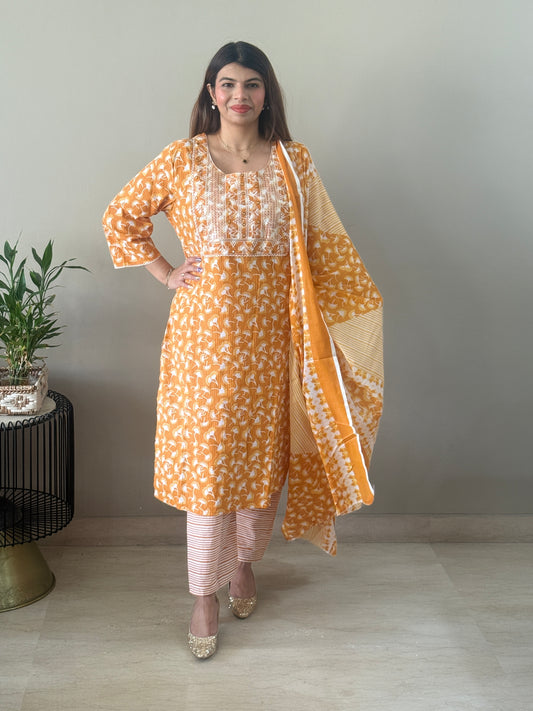 Sunset Orange Embroidered Cotton Suit Set