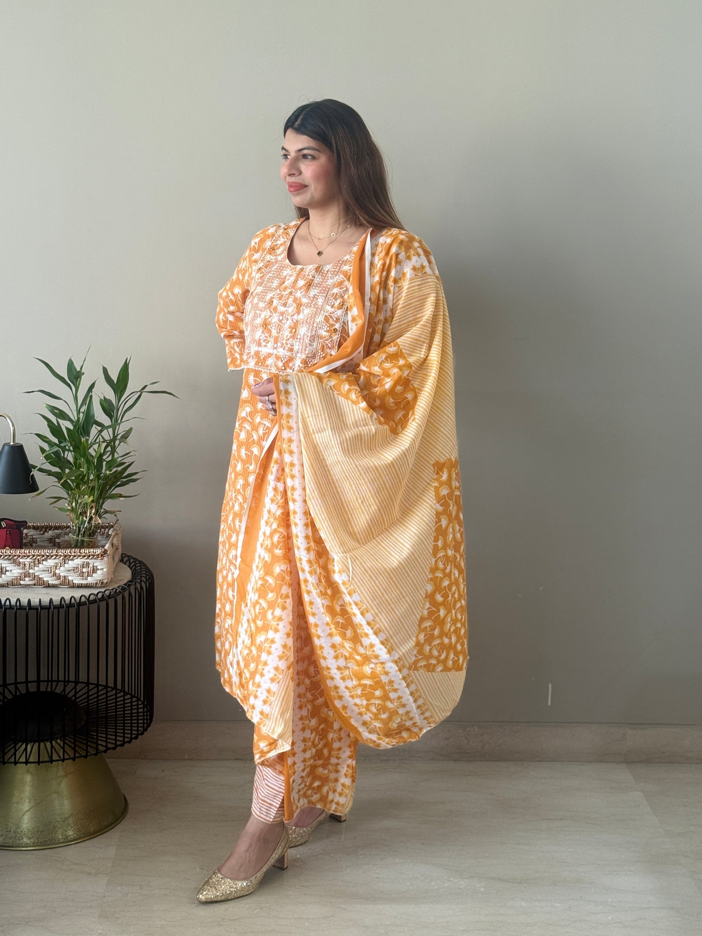 Sunset Orange Embroidered Cotton Suit Set
