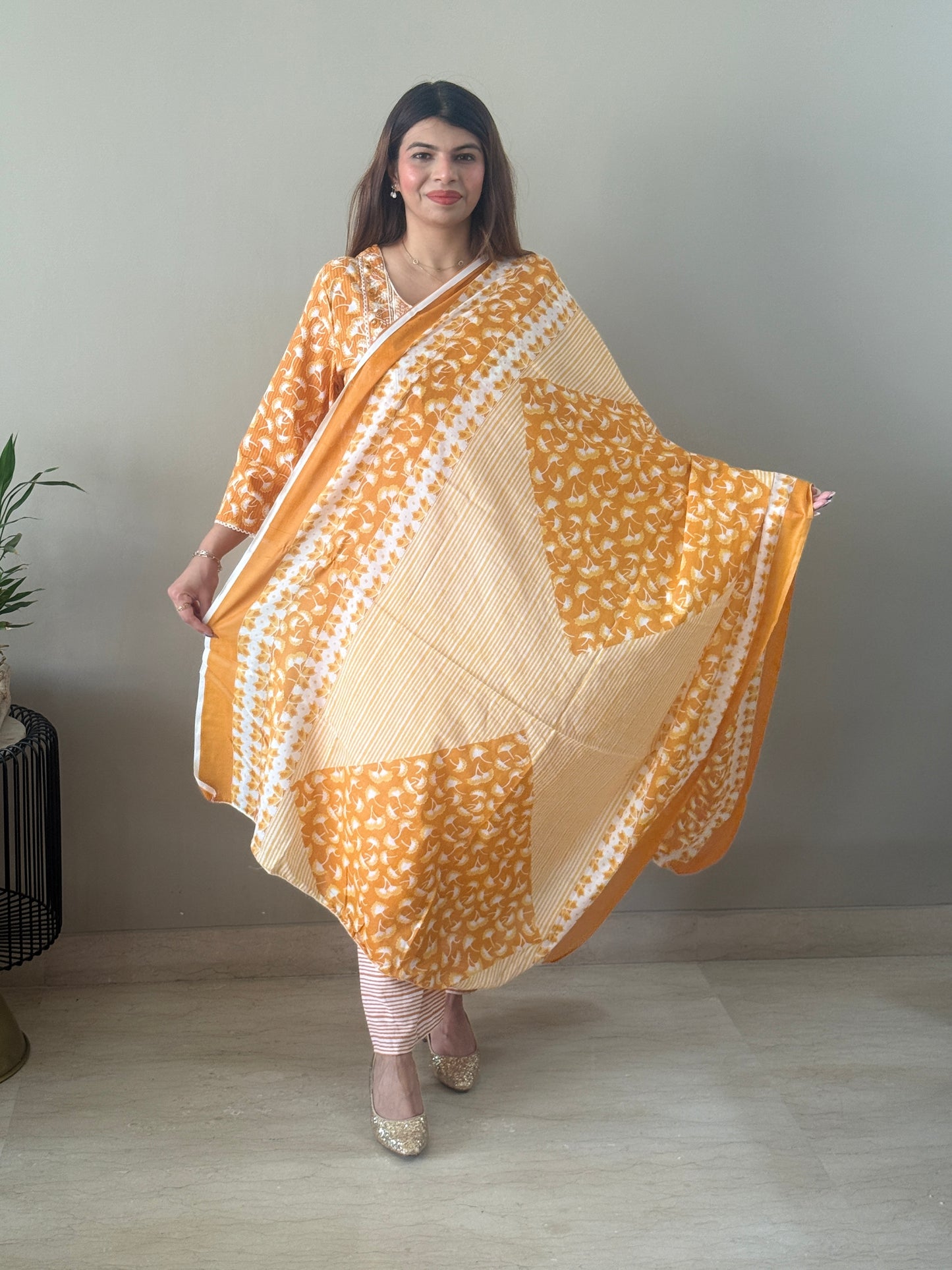 Sunset Orange Embroidered Cotton Suit Set