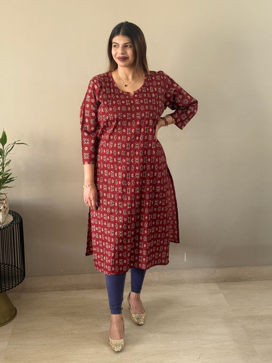 Brown Printex Cotton Floral Kurti