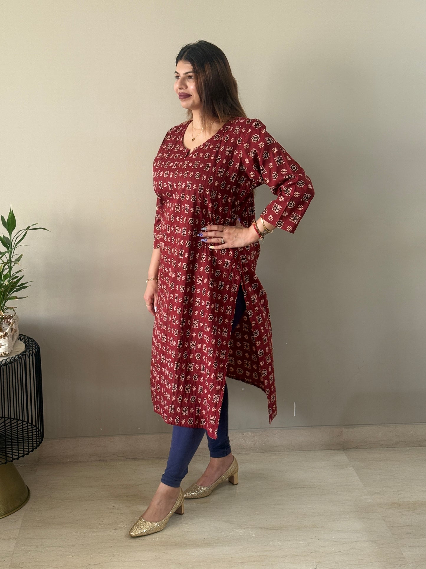 Brown Printex Cotton Floral Kurti