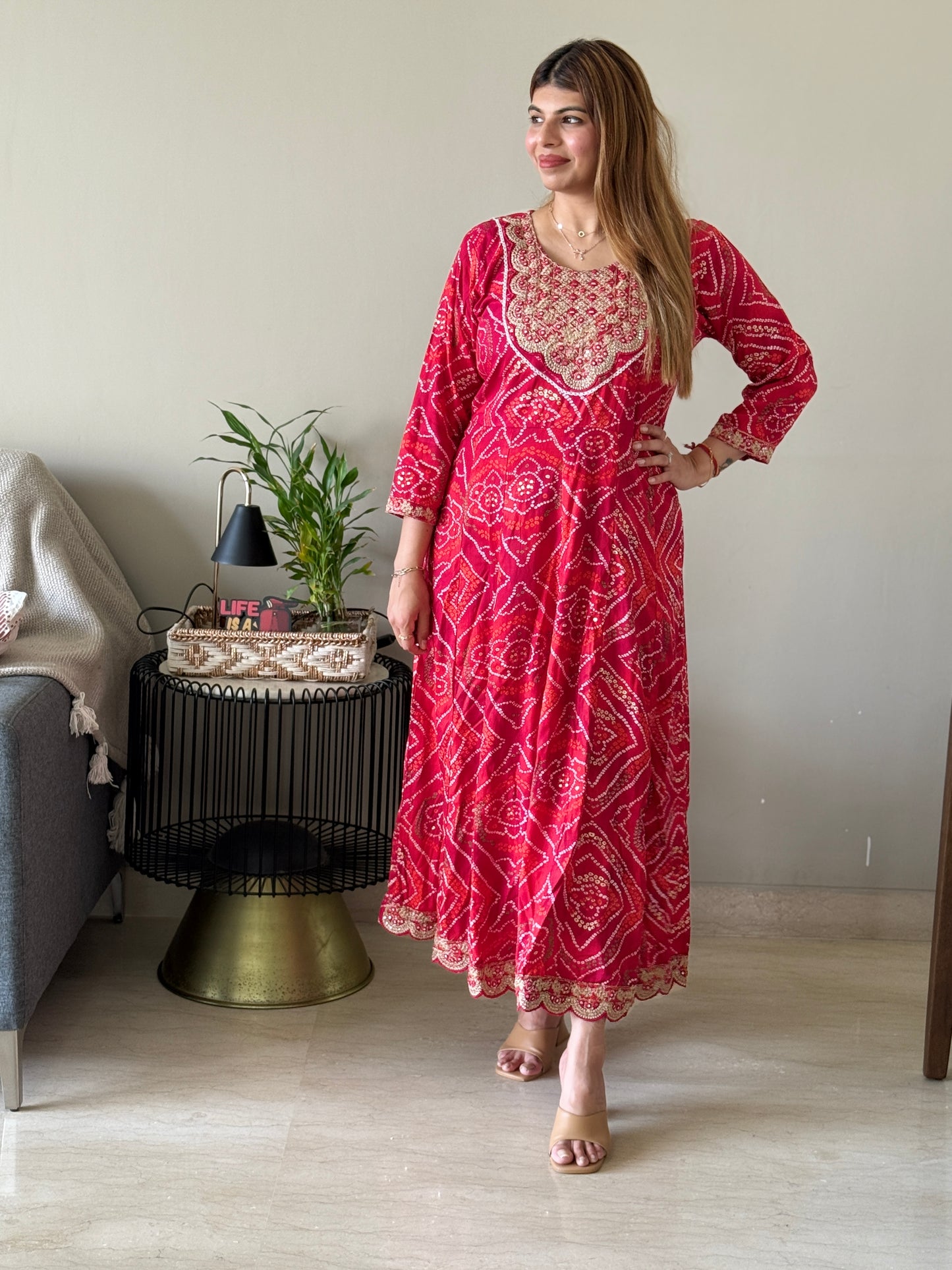 Printed Bandhej Anarkali Kurti