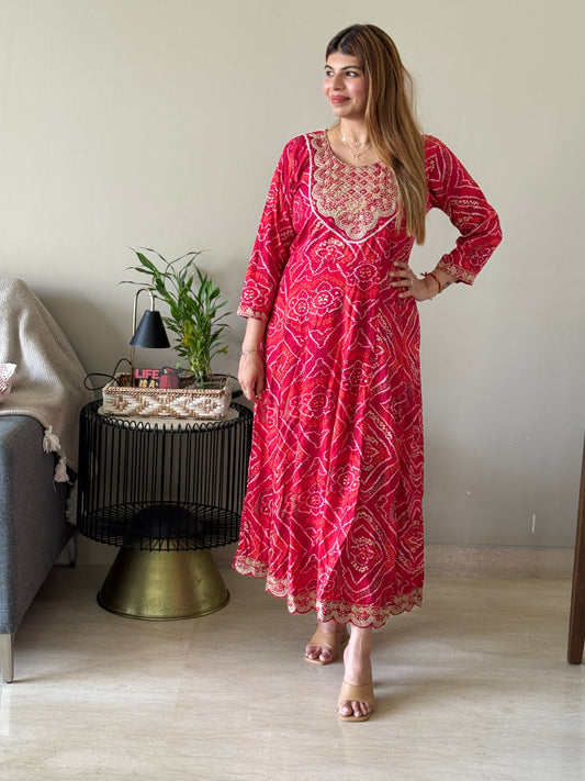 Printed Bandhej Anarkali Kurti