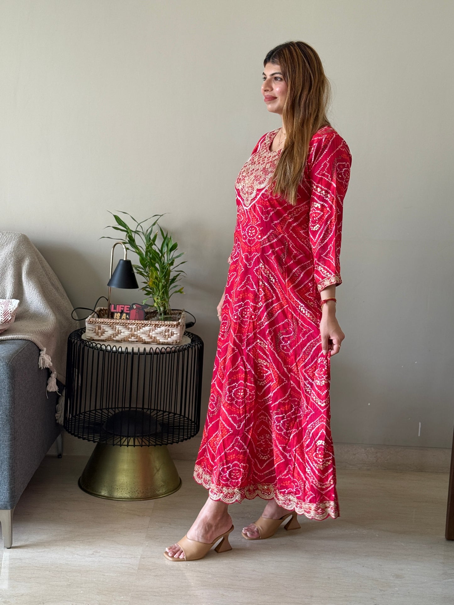 Printed Bandhej Anarkali Kurti