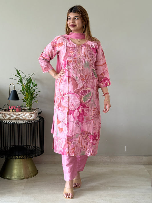 Pink Floral Muslin Suit Set