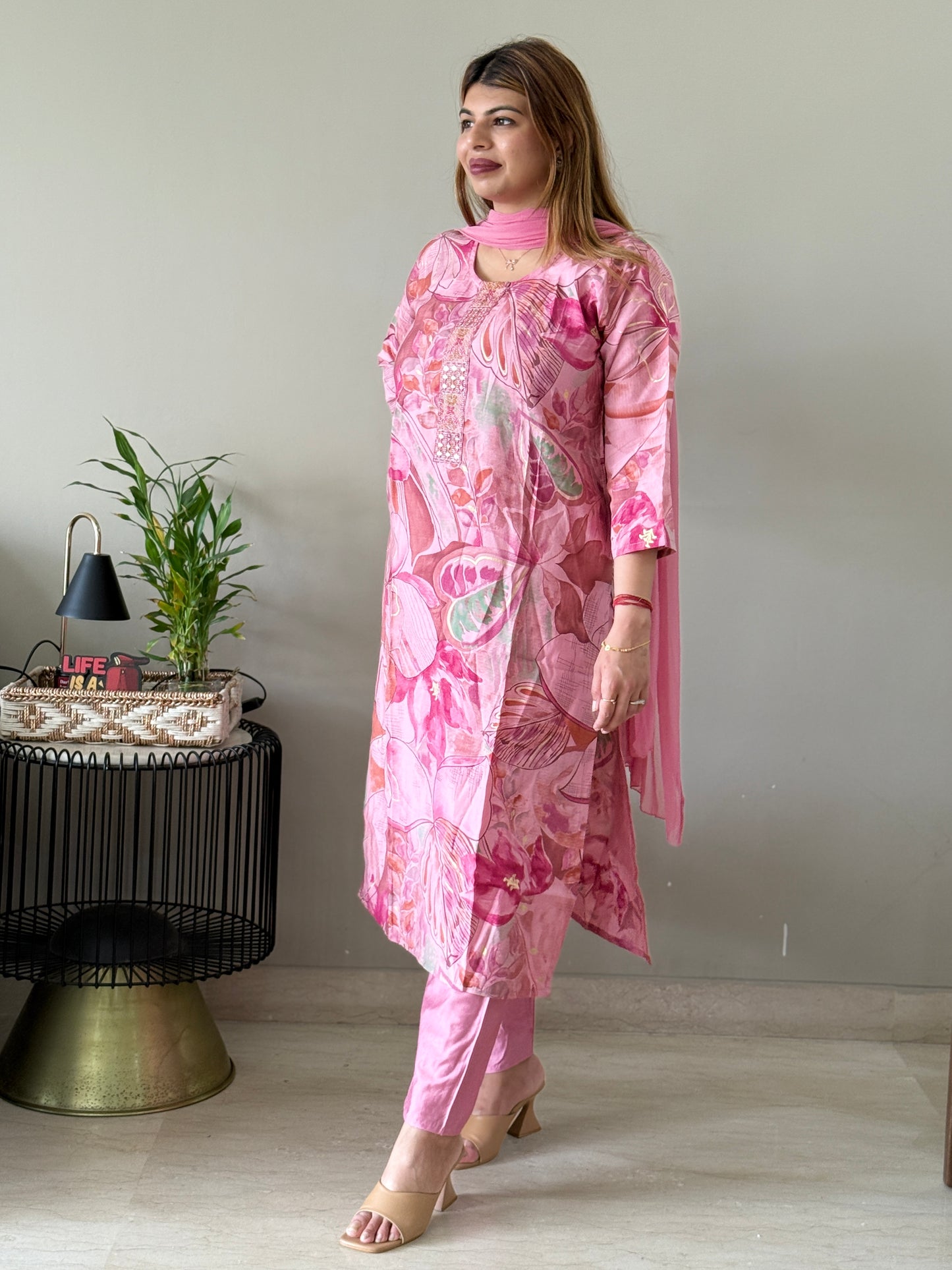 Pink Floral Muslin Suit Set