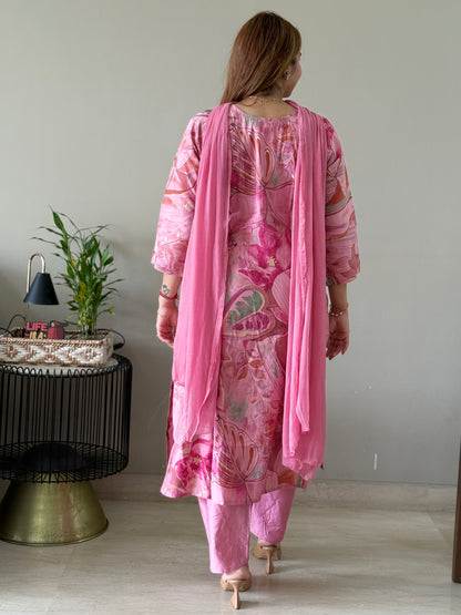 Pink Floral Muslin Suit Set