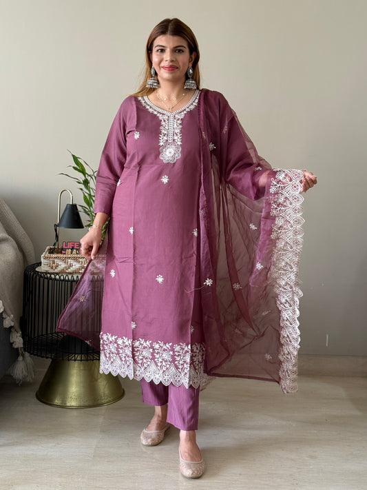 Mauve Embroidered 3 Piece Suit set