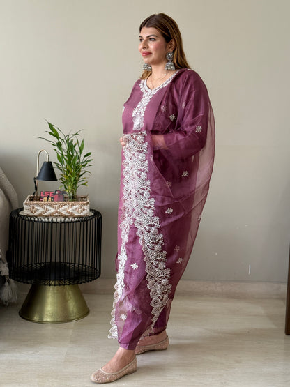Mauve Embroidered 3 Piece Suit set