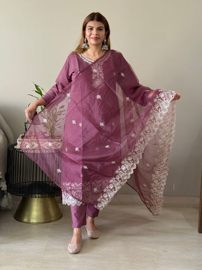 Mauve Embroidered 3 Piece Suit set
