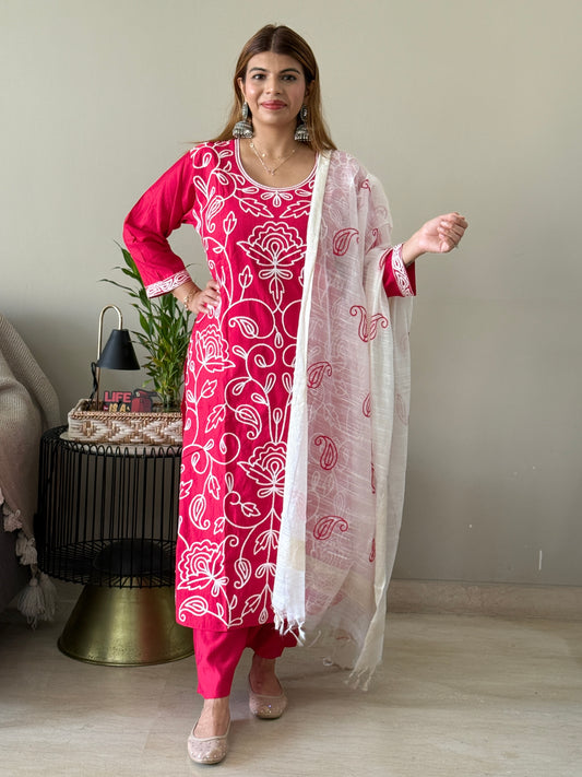 Red with White Embroidered 3 Piece Suit Set with Palazzo