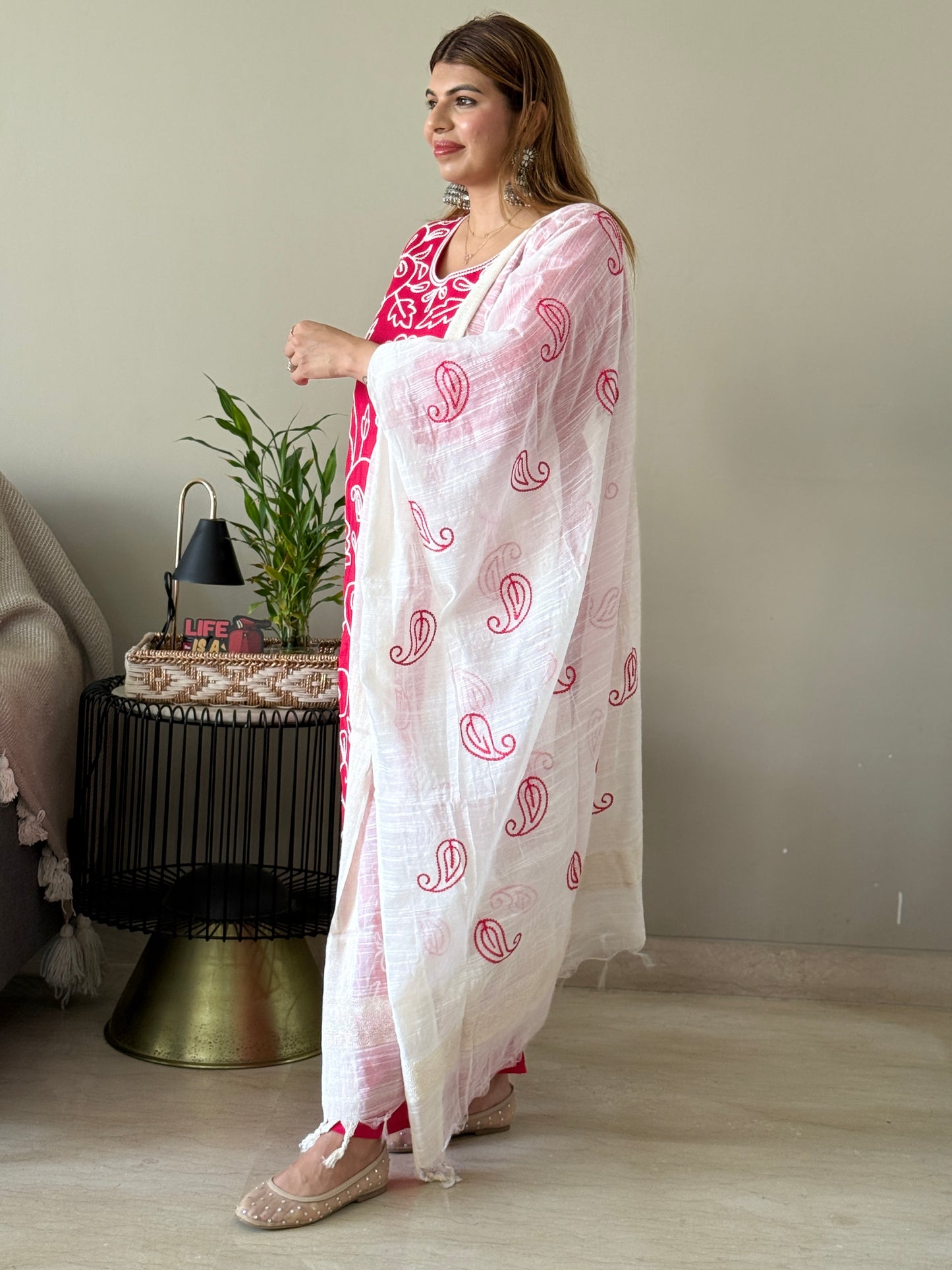 Red with White Embroidered 3 Piece Suit Set with Palazzo