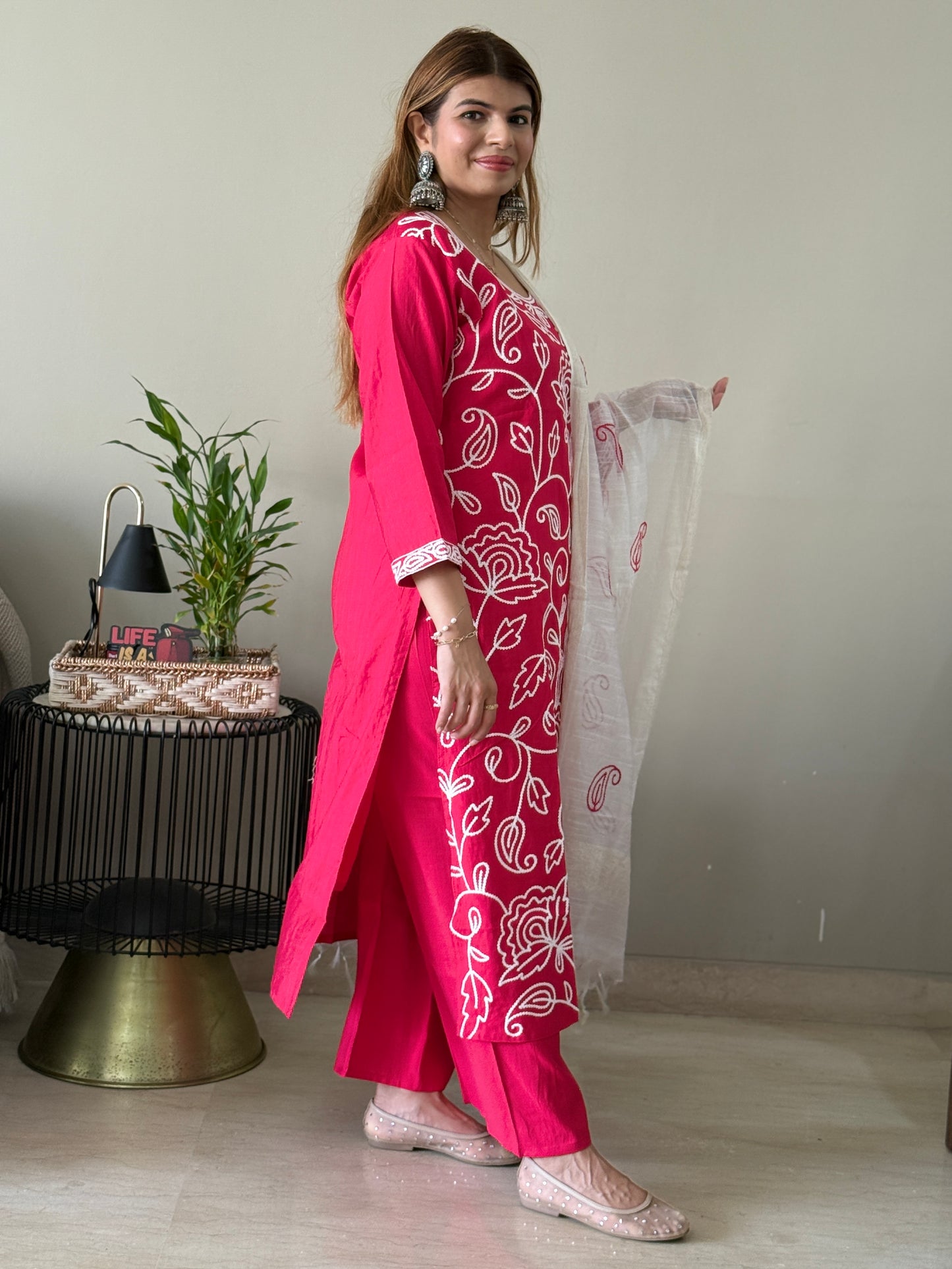 Red with White Embroidered 3 Piece Suit Set with Palazzo