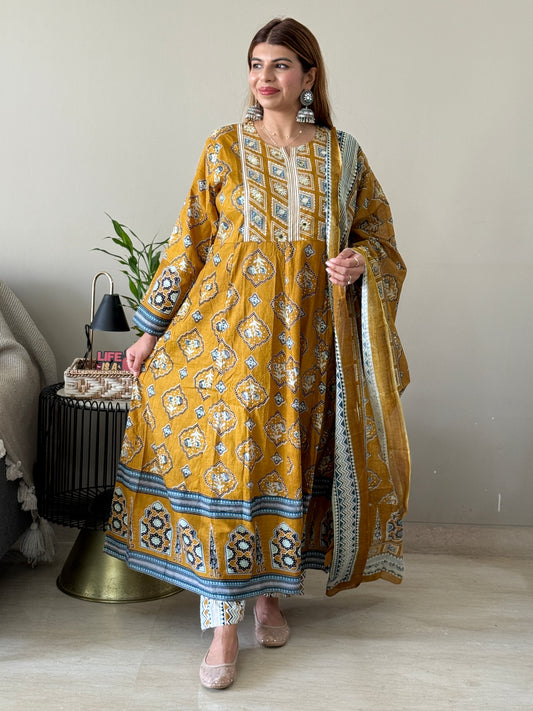 Mustard Cotton Anarkali Suit Set