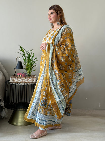 Mustard Cotton Anarkali Suit Set