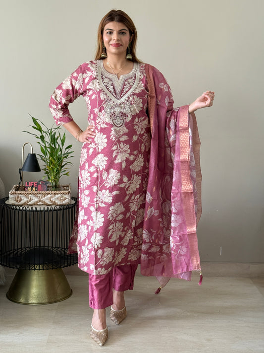 Mauve with Neck detailing 3 Piece Suit Set