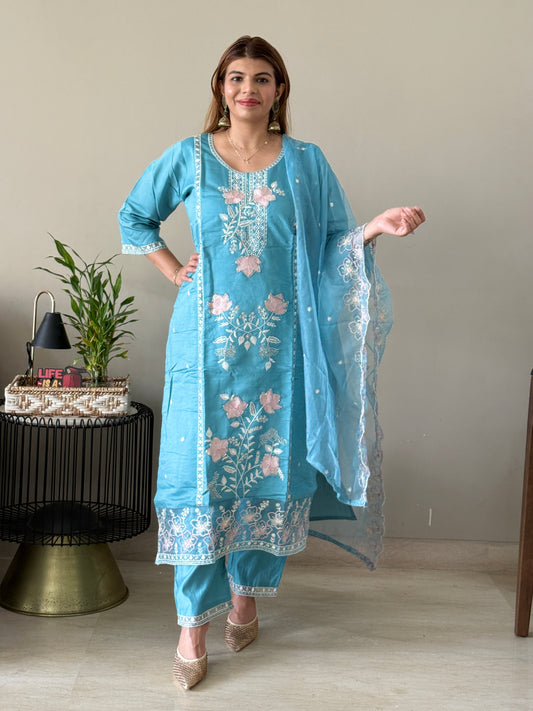 Teal Embroidered 3 Piece Suit Set