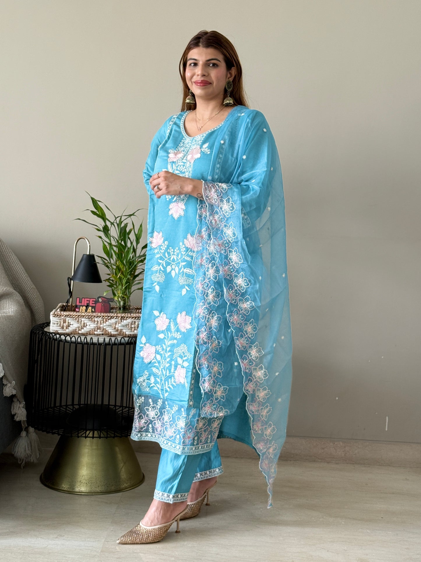 Teal Embroidered 3 Piece Suit Set