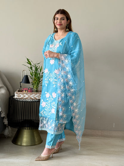 Teal Embroidered 3 Piece Suit Set