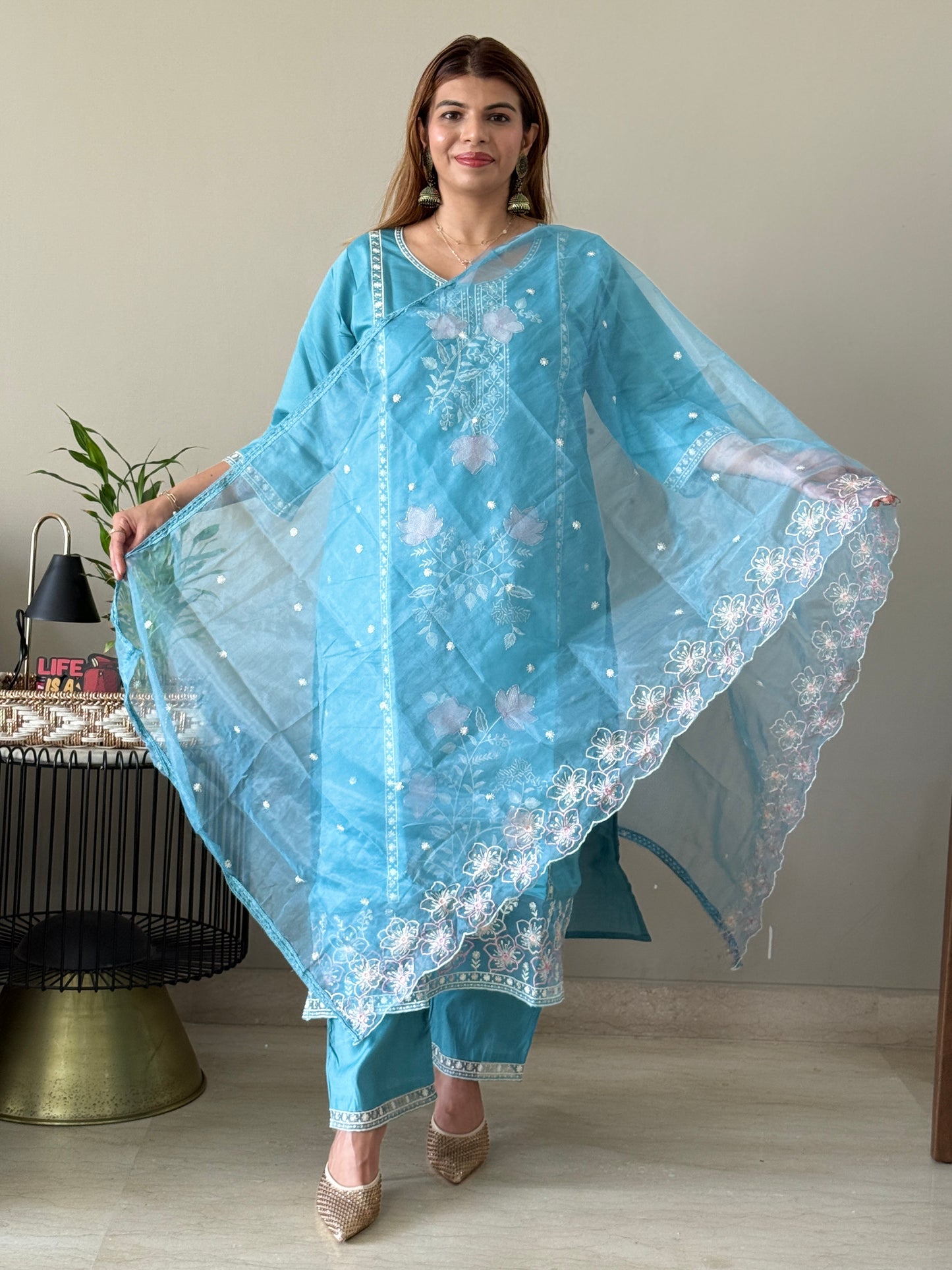 Teal Embroidered 3 Piece Suit Set