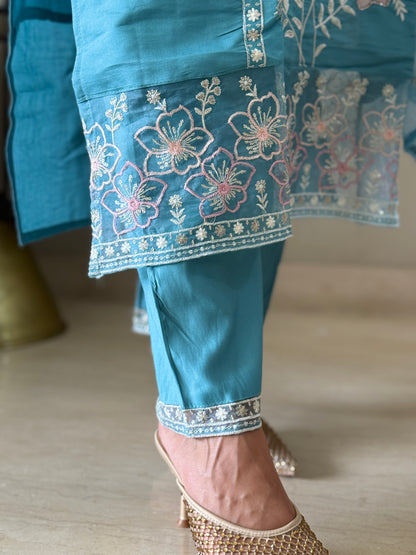 Teal Embroidered 3 Piece Suit Set