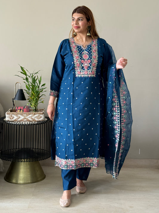 Navy Blue Embroidered 3 Piece Suit Set