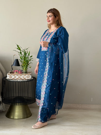 Navy Blue Embroidered 3 Piece Suit Set