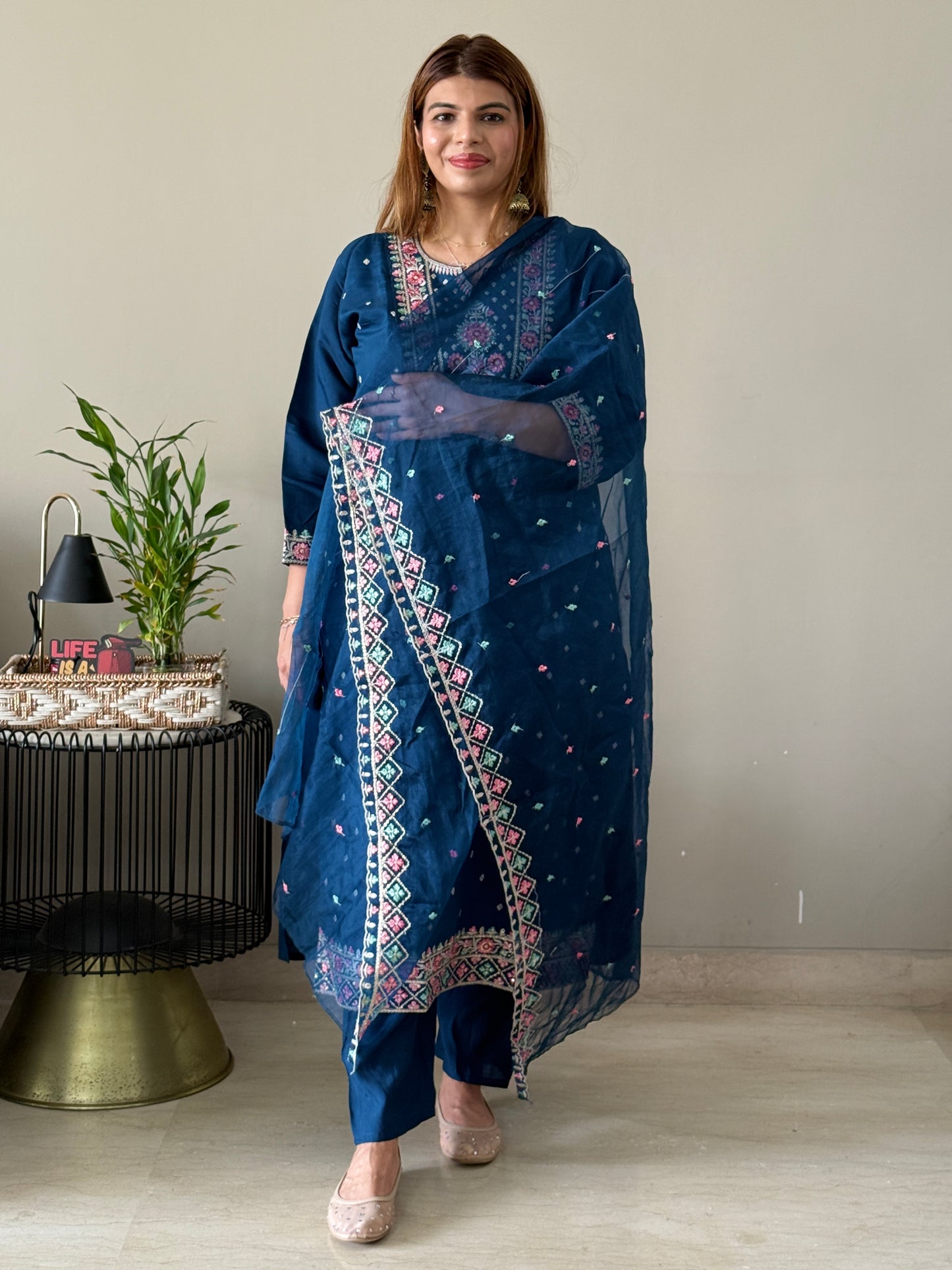 Navy Blue Embroidered 3 Piece Suit Set