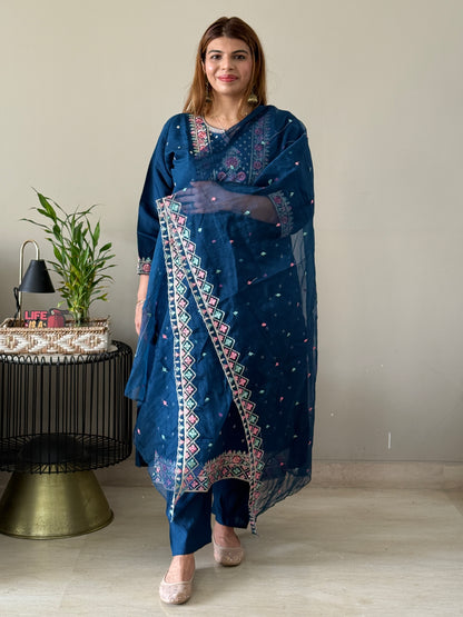 Navy Blue Embroidered 3 Piece Suit Set