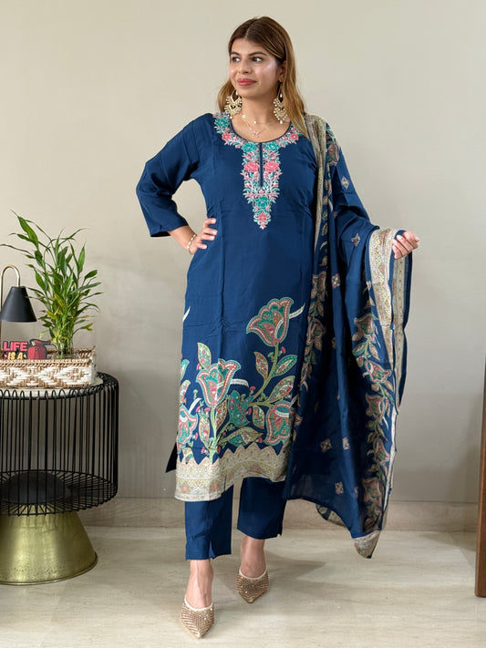 Navy Blue Digital Print 3 Piece Suit Set