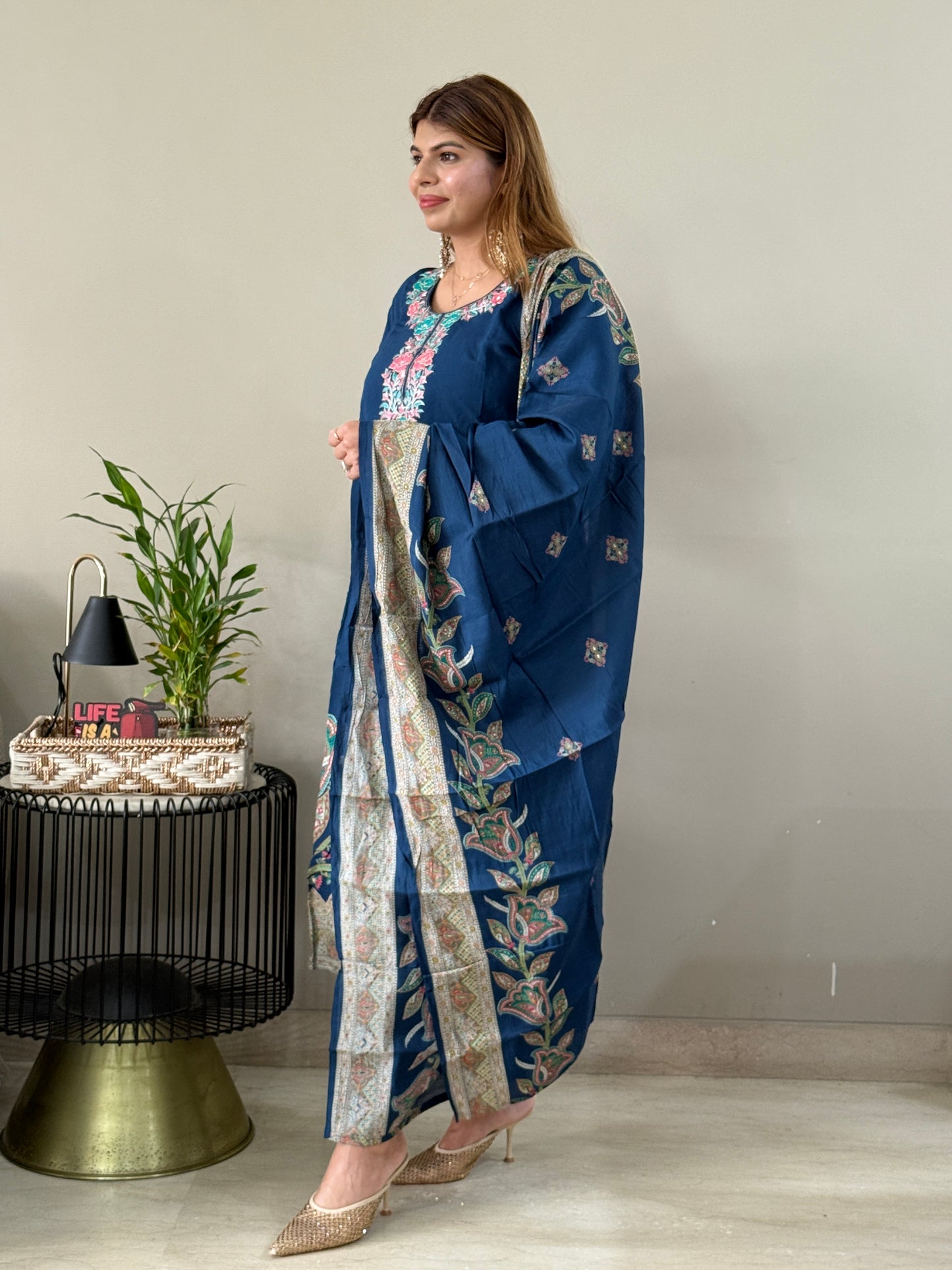 Navy Blue Digital Print 3 Piece Suit Set