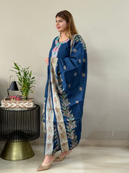 Navy Blue Digital Print 3 Piece Suit Set