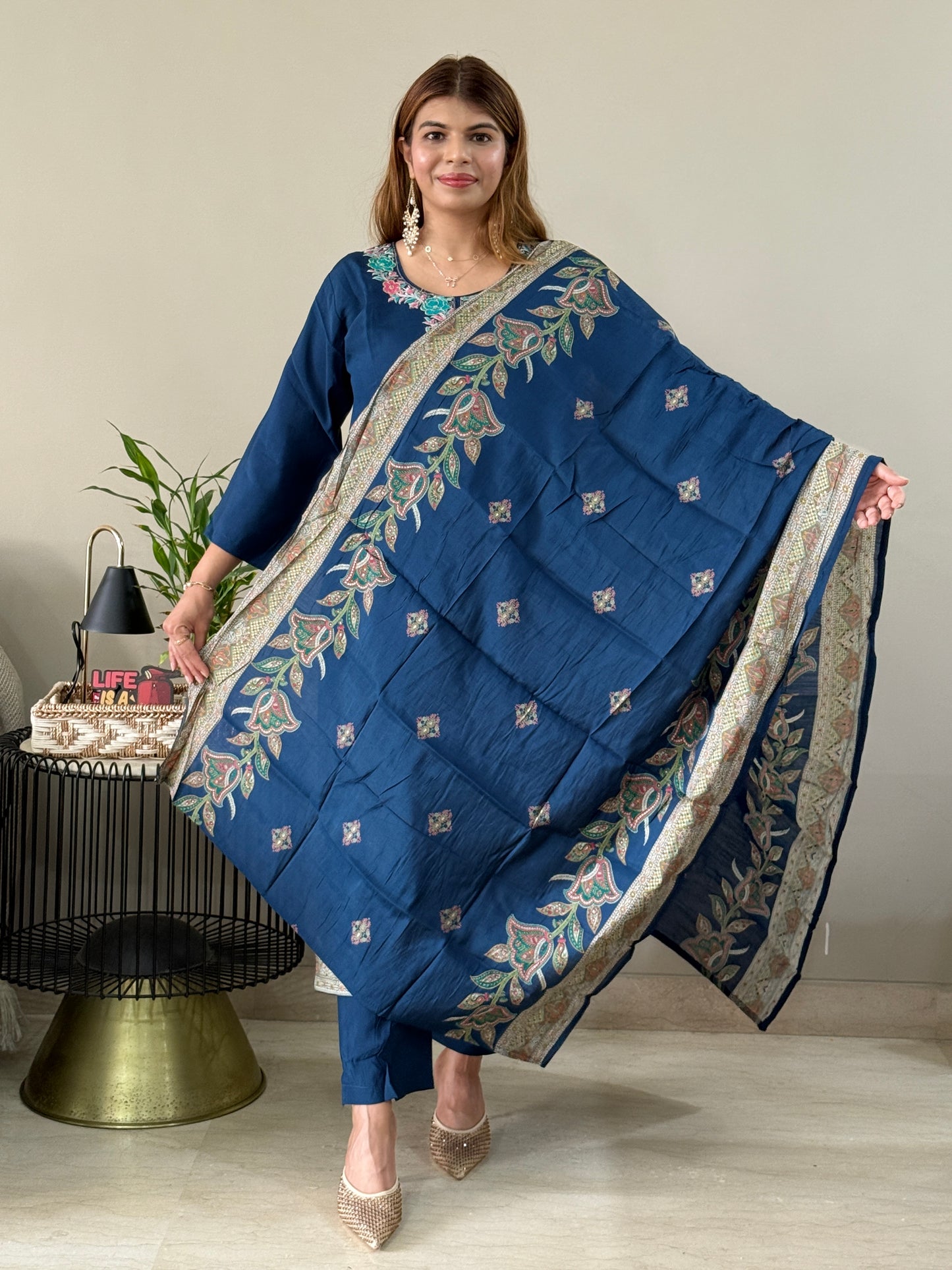 Navy Blue Digital Print 3 Piece Suit Set