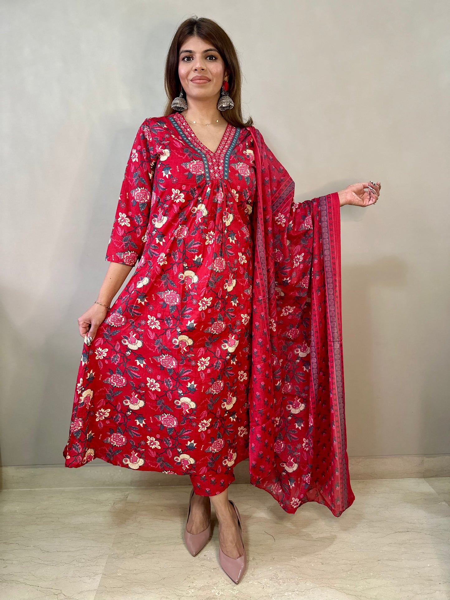 Red Anarkali 3 piece suit set