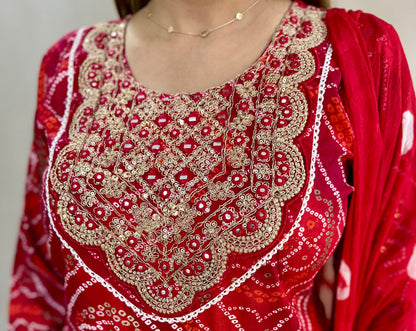 Printed Bandhej Anarkali 3 piece suit set