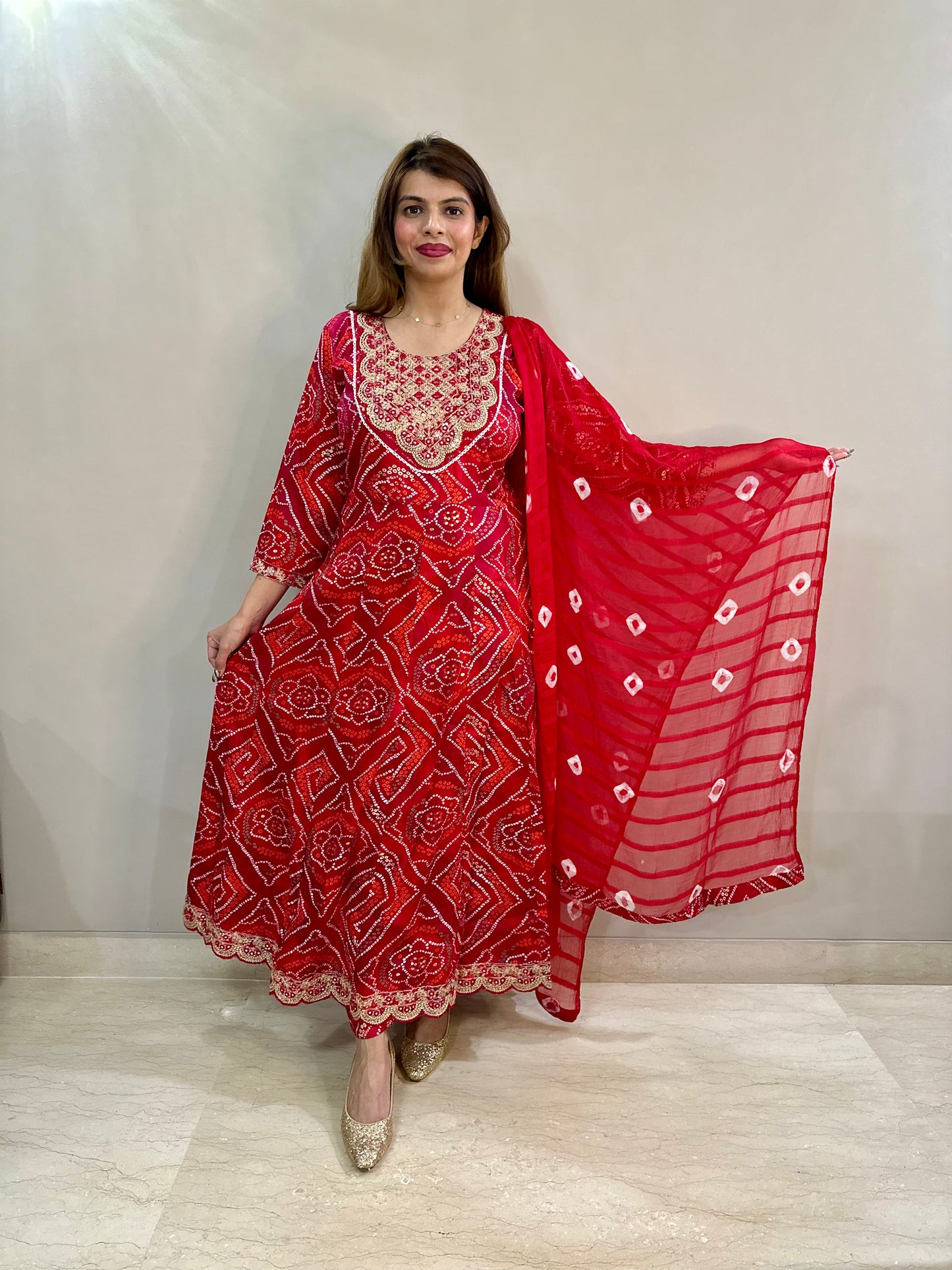 Printed Bandhej Anarkali 3 piece suit set