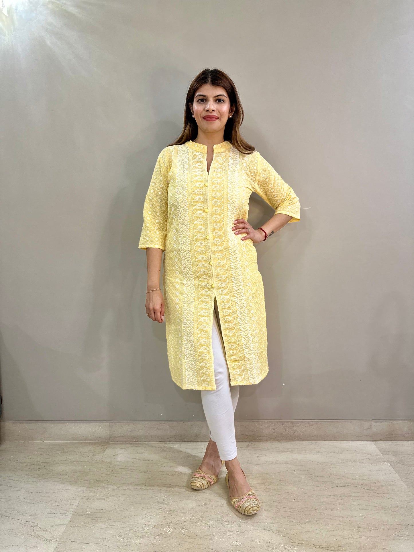 Cotton Chikankari Kurti - Yellow