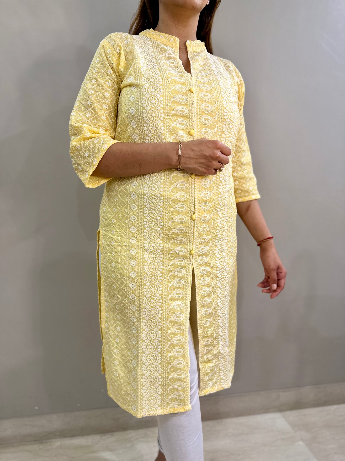 Cotton Chikankari Kurti - Yellow