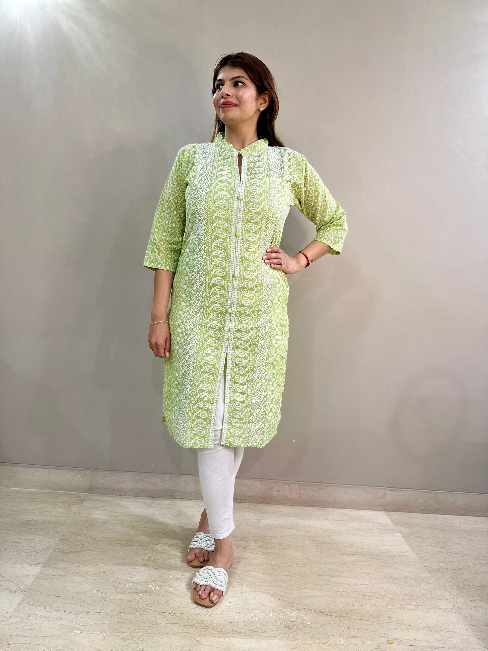 Cotton Chikankari Kurti Pista Green Small - Main Image