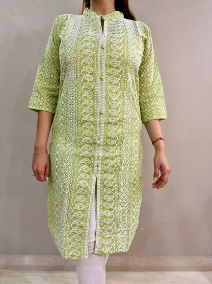 Cotton Chikankari Kurti - Pista Green