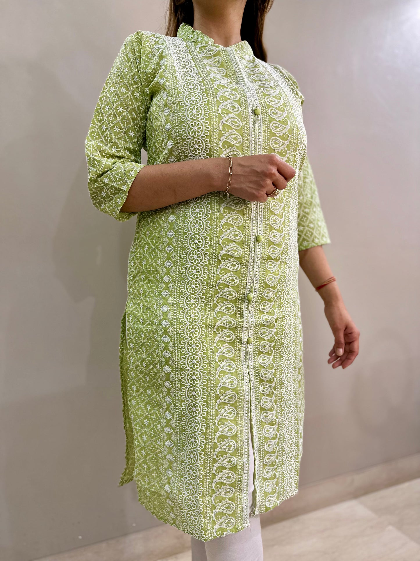 Cotton Chikankari Kurti - Pista Green