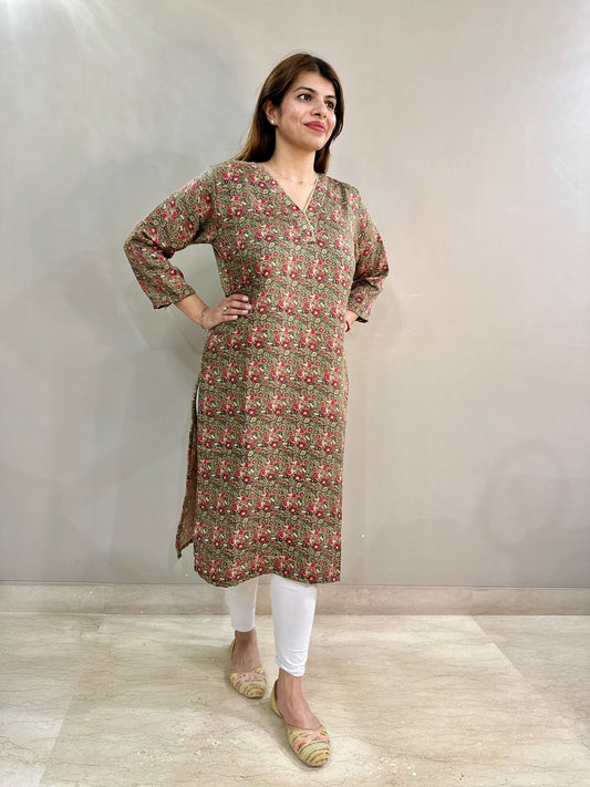 Blended Cotton Floral Kurti - Green