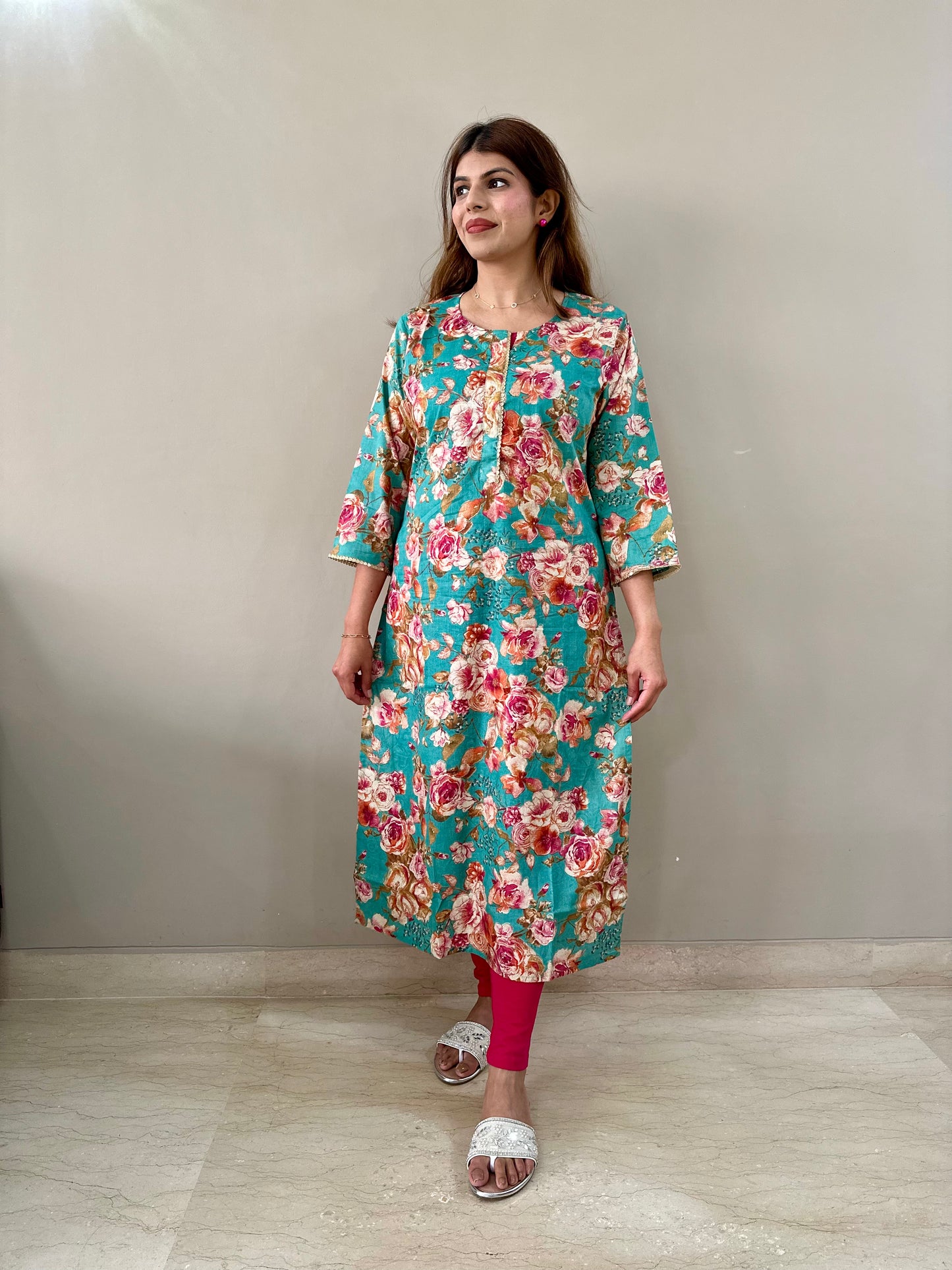 Cotton Floral Kurti - Teal