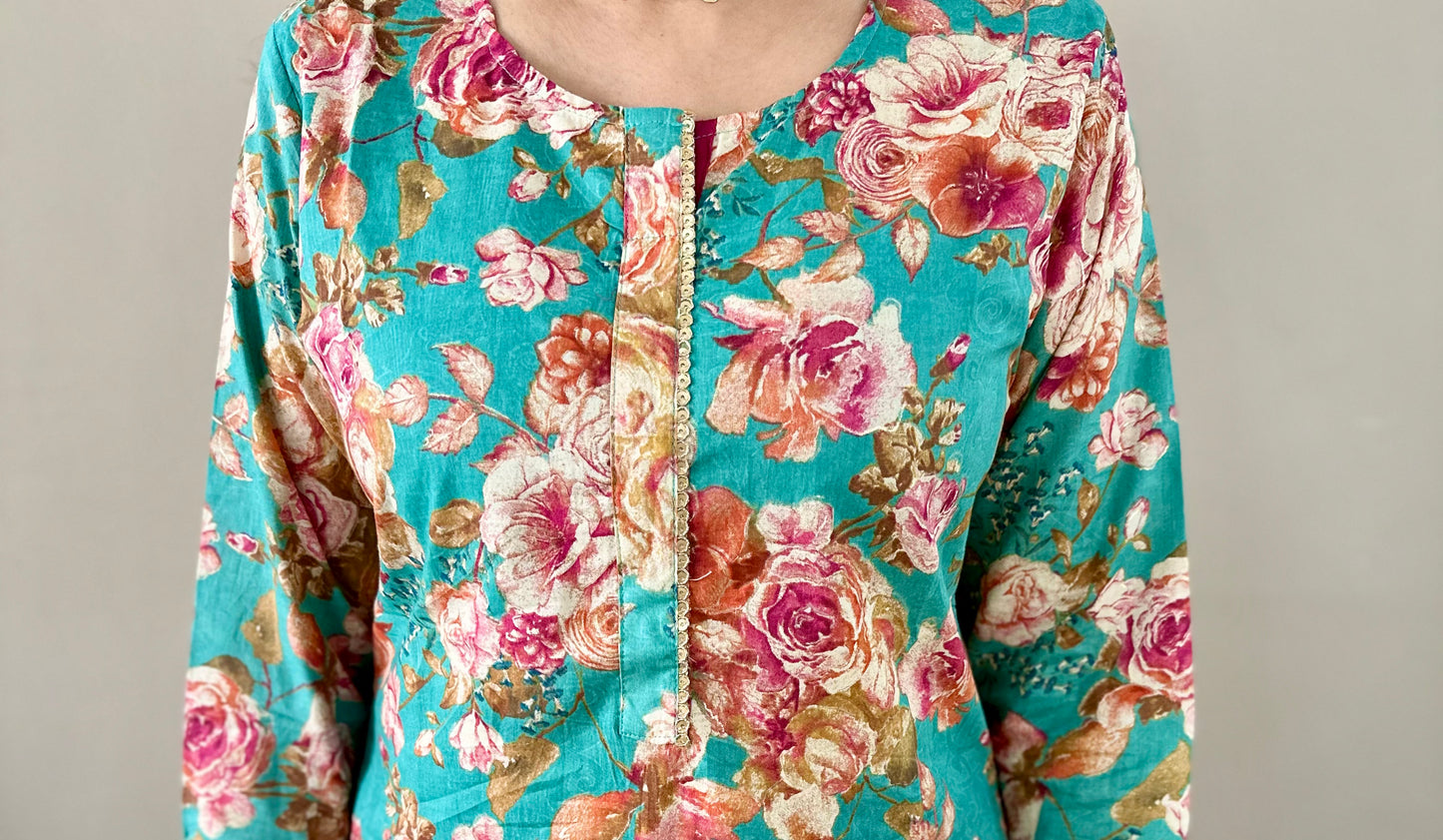 Cotton Floral Kurti - Teal