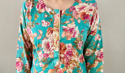 Cotton Floral Kurti - Teal