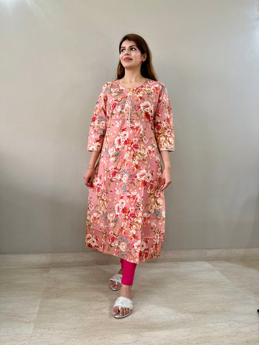 Cotton Floral Kurti - Pink