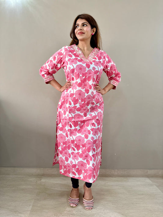 Pink Floral V Neck Kurti