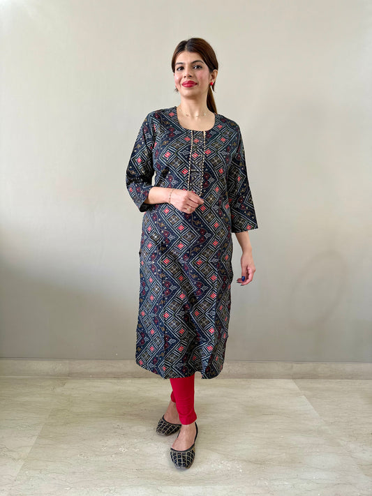 Printed Bandhej Kurti - Black