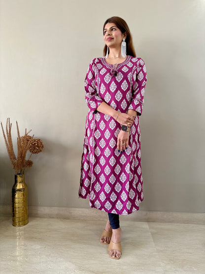 Wine Leafy Patterned Kurti